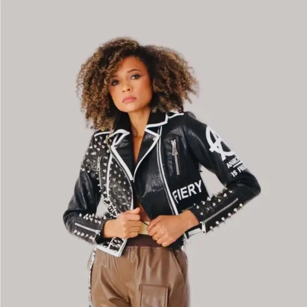 Studded Black vegan Leather Jacket with Pink and White Graphic - Picture 2 of 4